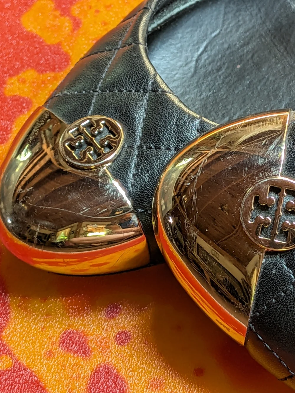 Tory Burch Black Quilted Leather Cap-Toe Ballet Flats with Gold Logo
